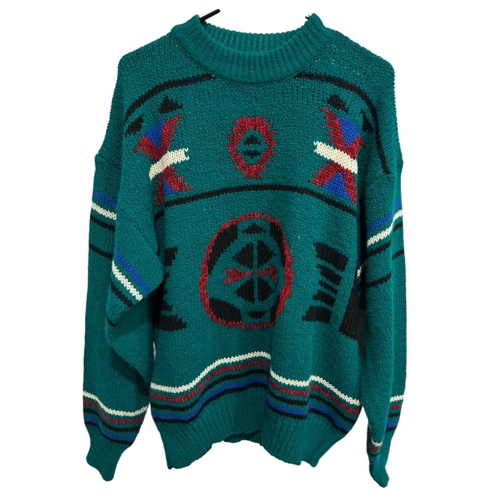 Vintage Oakton Limited Teal Southwestern Pattern Knit Sweater Sz XL